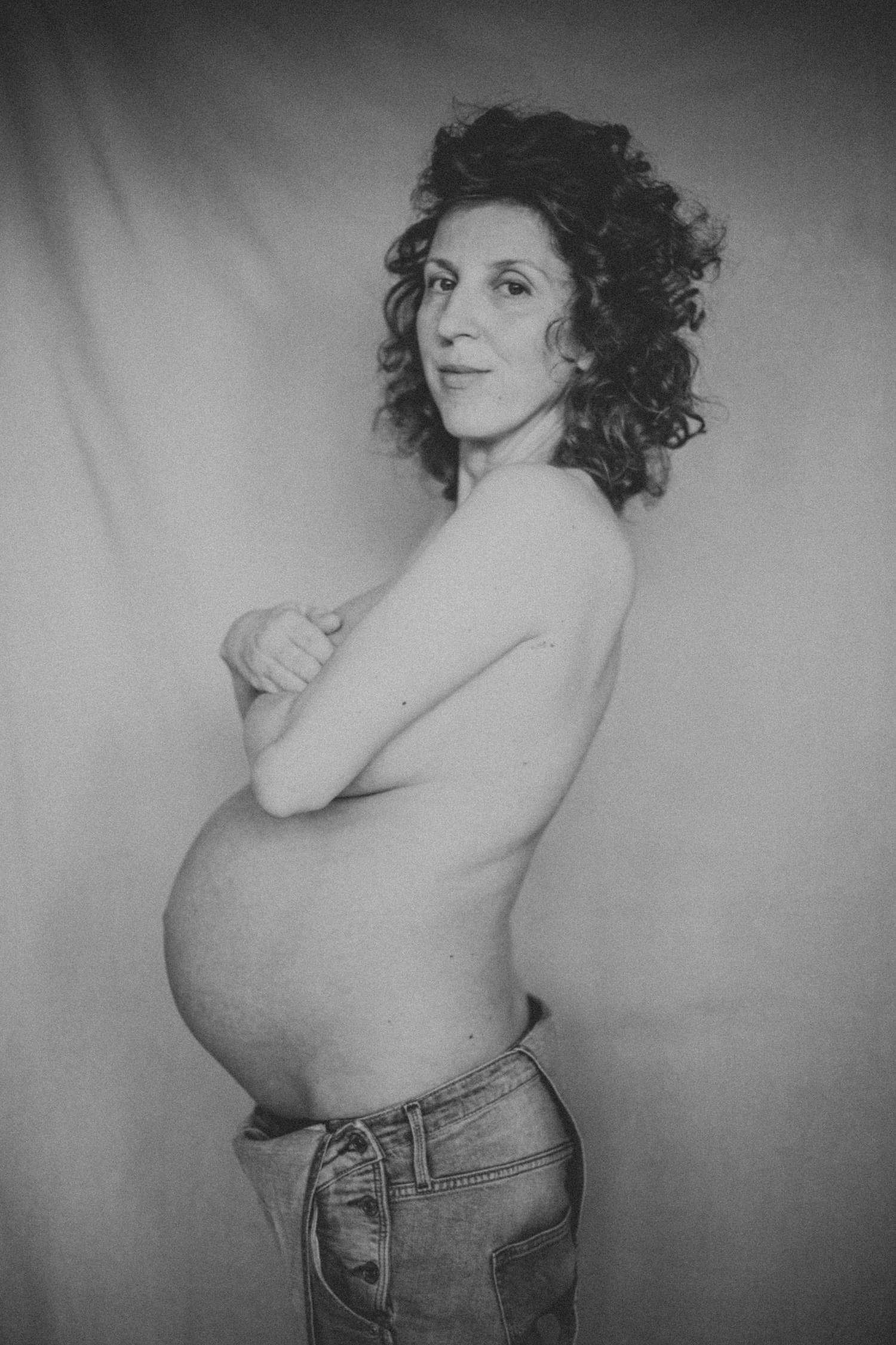 Black and white maternity self-portrait